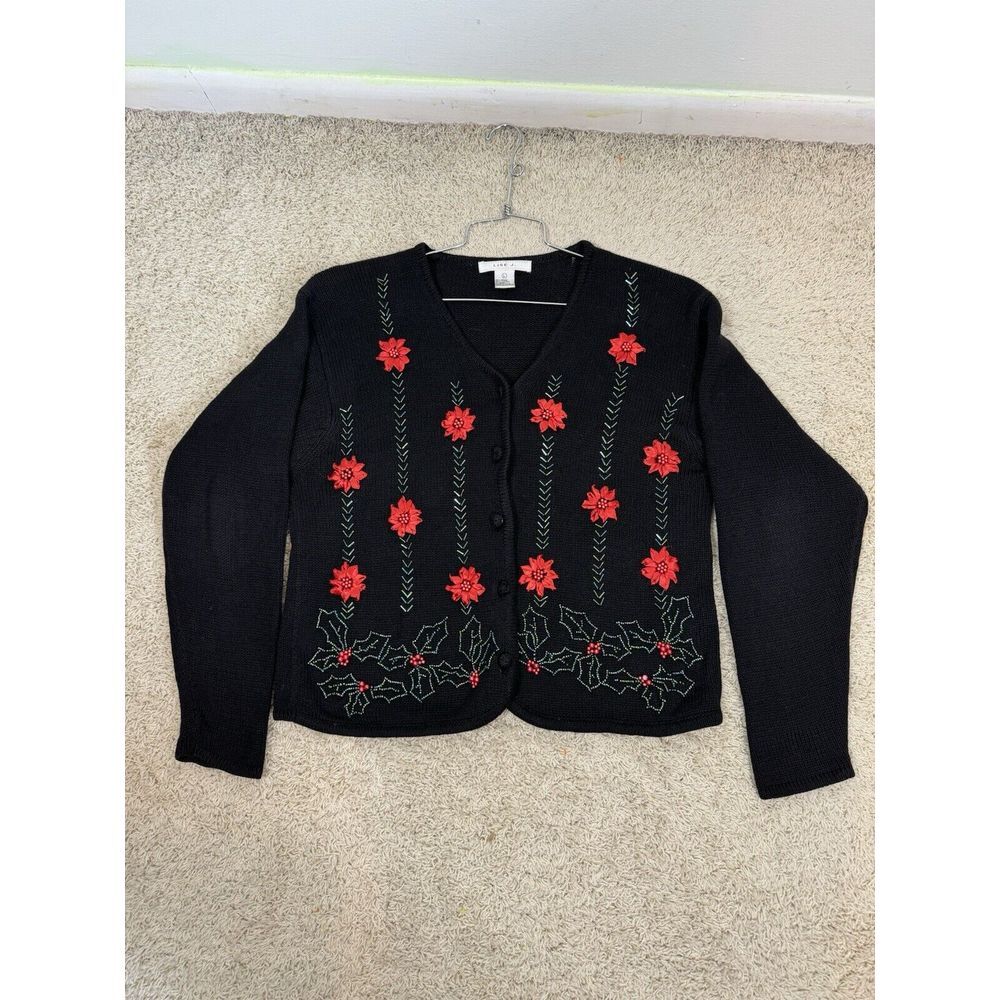 Lise J Women's Vintage Beaded Ugly‎ Christmas Sweater Cardigan Poinsetta Size L
